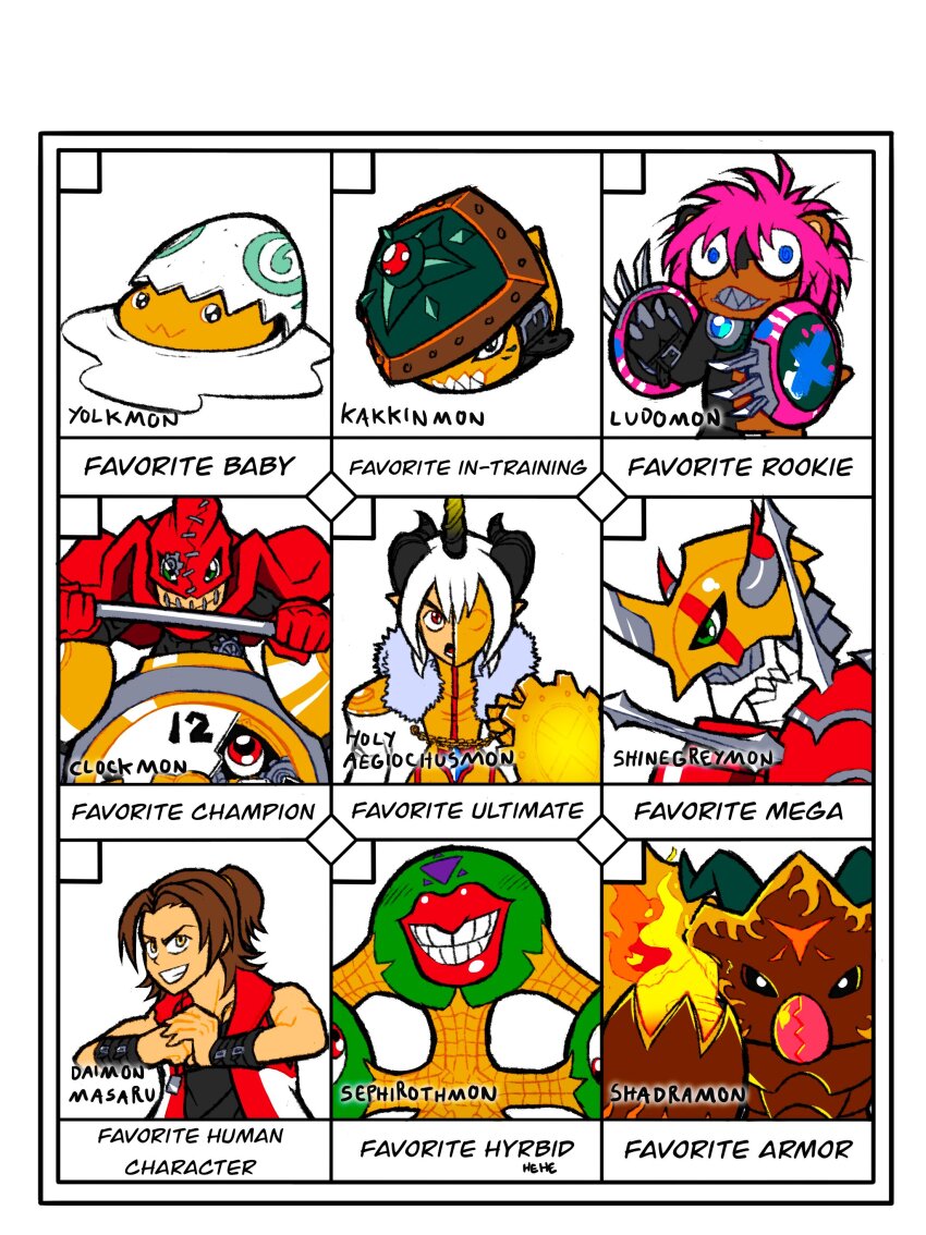 absurdres aegiochusmon_holy armor clockmon daimon_masaru_(digimon_savers) digimon digimon_(creature) fire highres kakkinmon looking_at_viewer ludomon sephirothmon shadramon shinegreymon smile triangle yolkmon zero_unit