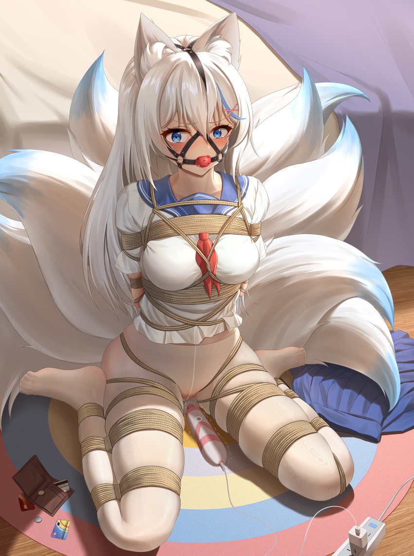 absurdres animal_ear_fluff animal_ears arms_behind_back ball_gag bdsm blue_eyes blue_hair blush bondage book bound breasts collared_shirt drooling frogtie frostbite_(artist) gag gag_harness gagged grey_hair highres hitachi_magic_wand indoors kitsune kyuubi long_hair medium_breasts midriff_peek multicolored_hair multiple_tails open_mouth original pantyhose pleated_skirt reading restrained sailor_collar self_bondage sex_toy shibari shibari_over_clothes shirt sitting skindentation skirt streaked_hair tail very_long_hair vibrator wariza white_pantyhose white_shirt wiffle_gag