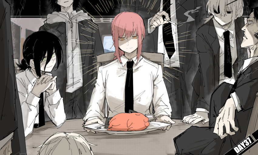 black_hair black_necktie chainsaw_man chair character_request closed_mouth desk fine_art_parody green_eyes halo highres kankan33333 katana_man_(chainsaw_man) longsword_devil_(chainsaw_man) makima_(chainsaw_man) necktie orange_eyes own_hands_together parody pochita_(chainsaw_man) quanxi_(chainsaw_man) red_hair reze_(chainsaw_man) ringed_eyes shirt sitting smile the_last_supper whip_devil_(chainsaw_man) white_shirt
