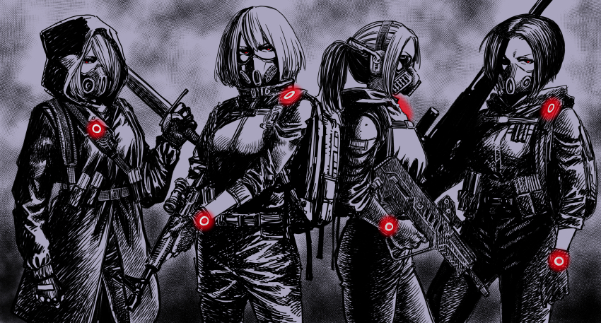 4girls absurdres assault_rifle breasts bullpup coat gas_mask greyscale gun hair_over_one_eye highres holding holding_gun holding_sword holding_weapon hood jacket last_man_battalion mask medium_breasts monochrome multiple_girls ponytail rifle rogue_division_agent scope serious spot_color sunglasses sword takayama_akira tom_clancy&#039;s_the_division tom_clancy&#039;s_the_division_2 weapon