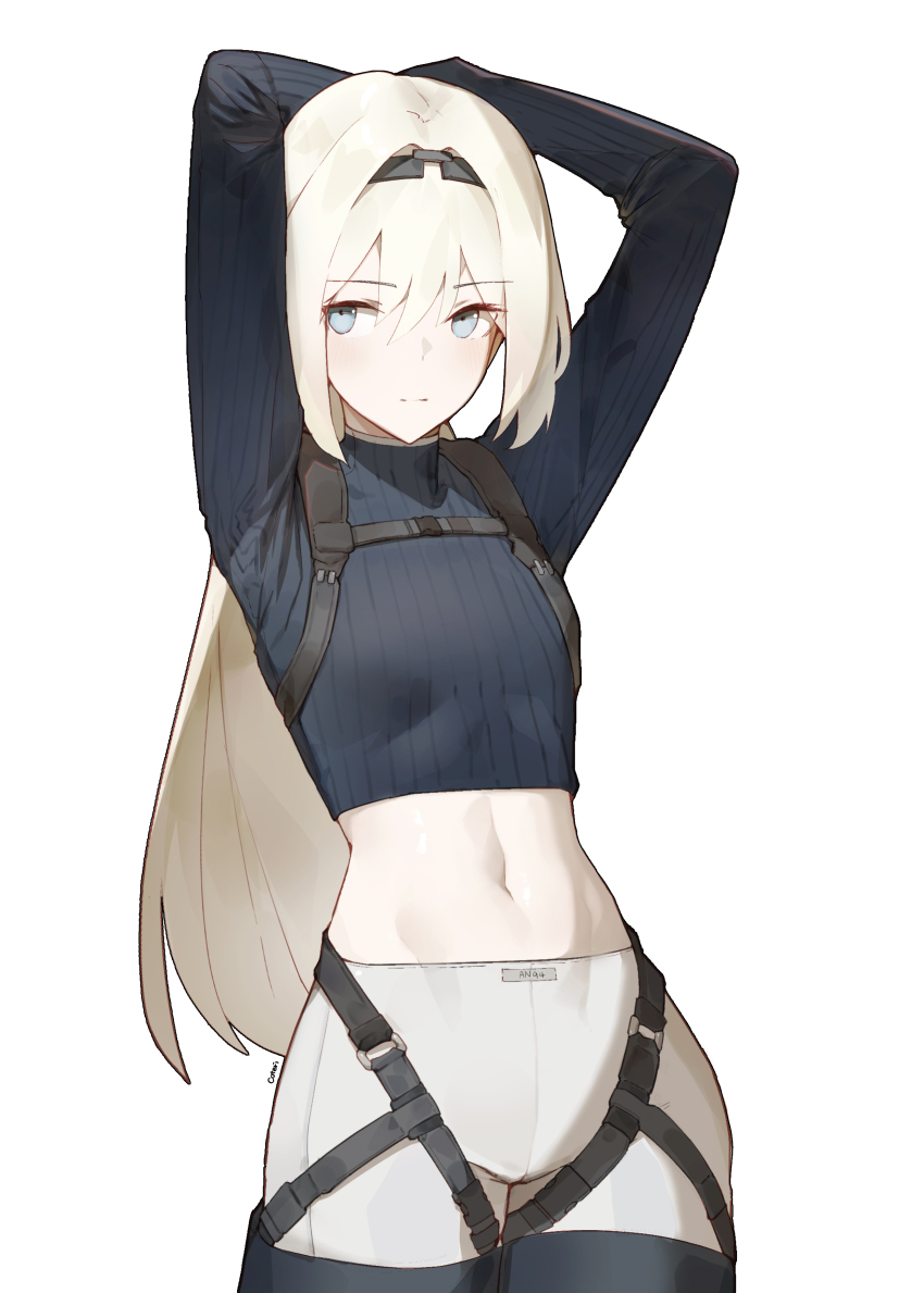 1girl absurdres alternate_costume an-94_(girls&#039;_frontline) arms_behind_back arms_up blonde_hair blue_eyes blue_sweater breasts chest_harness commentary coteri cowboy_shot cropped_sweater double-parted_bangs girls&#039;_frontline harness highres linea_alba long_hair long_sleeves looking_to_the_side midriff pants ribbed_sweater sideways_glance simple_background small_breasts solo stretching sweater white_background white_pants