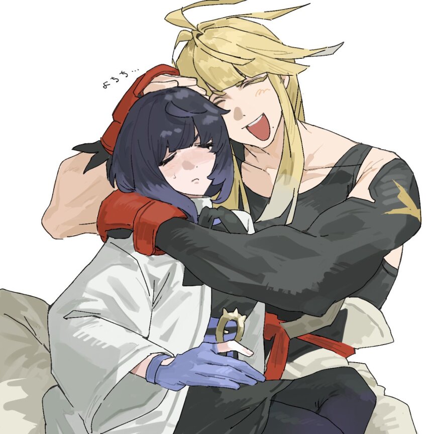 1boy 1girl black_dress black_hair black_pantyhose black_shirt blonde_hair brother_and_sister closed_eyes closed_mouth coat detached_sleeves dress gloves gwynn_(pokemon) hand_on_another&#039;s_head highres hug ivor_(pokemon) long_sleeves mole mole_under_mouth nintendo open_clothes open_coat open_mouth pantyhose partially_fingerless_gloves pokemon pokemon_legends:_z-a shirt siblings single_detached_sleeve tori_(toridaisukichu) white_background white_coat