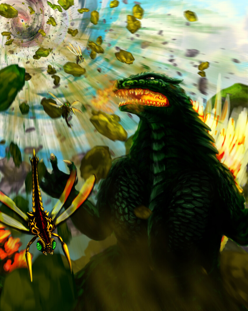 black_hole black_hole_cannon bug dimension_tide dinosaur directed-energy_weapon dragonfly energy energy_cannon energy_weapon foundation_x glowing_mouth glowing_spikes godzilla godzilla_(series) godzilla_vs._megaguirus highres insect kaiju meganula no_humans orbital_bombardment orbital_weaponry plasma satellite satellite_cannon space-to-earth_weapon space_weapon spikes toho weapon wings
