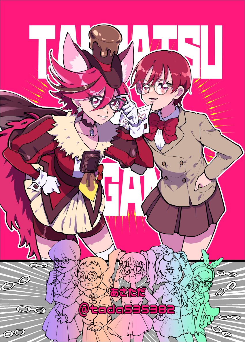 6+girls absurdres animal_ears arisugawa_himari blush brown_hat brown_skirt candy chocolate chocolate_bar choker commentary_request cure_chocolat dog_ears dog_tail dress eyewear_on_head fake_facial_hair fake_mustache food glasses gloves hat highres ichigo_field_high_school_uniform jacket kenjou_akira kirahoshi_ciel kirakira_precure_a_la_mode kotozume_yukari long_hair long_sleeves looking_at_viewer miniskirt multiple_girls open_clothes open_jacket open_mouth pleated_skirt precure puffy_sleeves red_eyes red_hair school_uniform short_hair skirt tada535382 tail tategami_aoi teeth thighhighs twintails usami_ichika