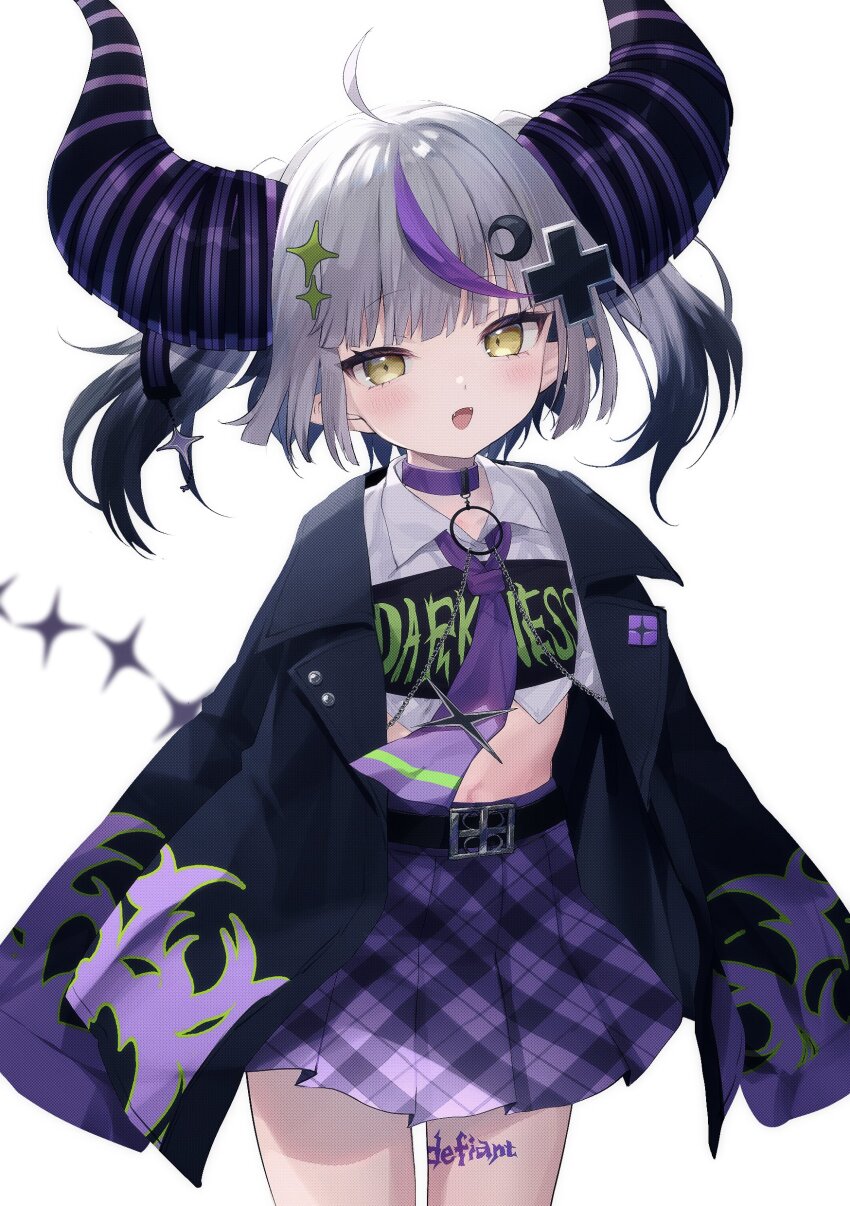 1girl absurdres ahoge belt black_belt black_hair black_jacket blush choker clothes_writing collared_shirt commentary_request cowboy_shot crescent crescent_hair_ornament cropped_shirt cross_hair_ornament demon_horns diamond-shaped_pupils diamond_(shape) english_text fangs flame_print fushimi_sameta grey_hair hair_ornament highres hololive horns huge_horns jacket la+_darknesss la+_darknesss_(casual) leg_tattoo long_sleeves looking_at_viewer midriff multicolored_hair necktie o-ring official_alternate_costume official_alternate_hairstyle open_clothes open_jacket open_mouth plaid_clothes plaid_skirt pleated_skirt pointy_ears purple_choker purple_hair purple_necktie purple_skirt shirt simple_background skirt sleeves_past_fingers sleeves_past_wrists smile solo sparkle_hair_ornament standing streaked_hair striped_horns symbol-shaped_pupils tail tattoo twintails virtual_youtuber white_background white_shirt yellow_eyes