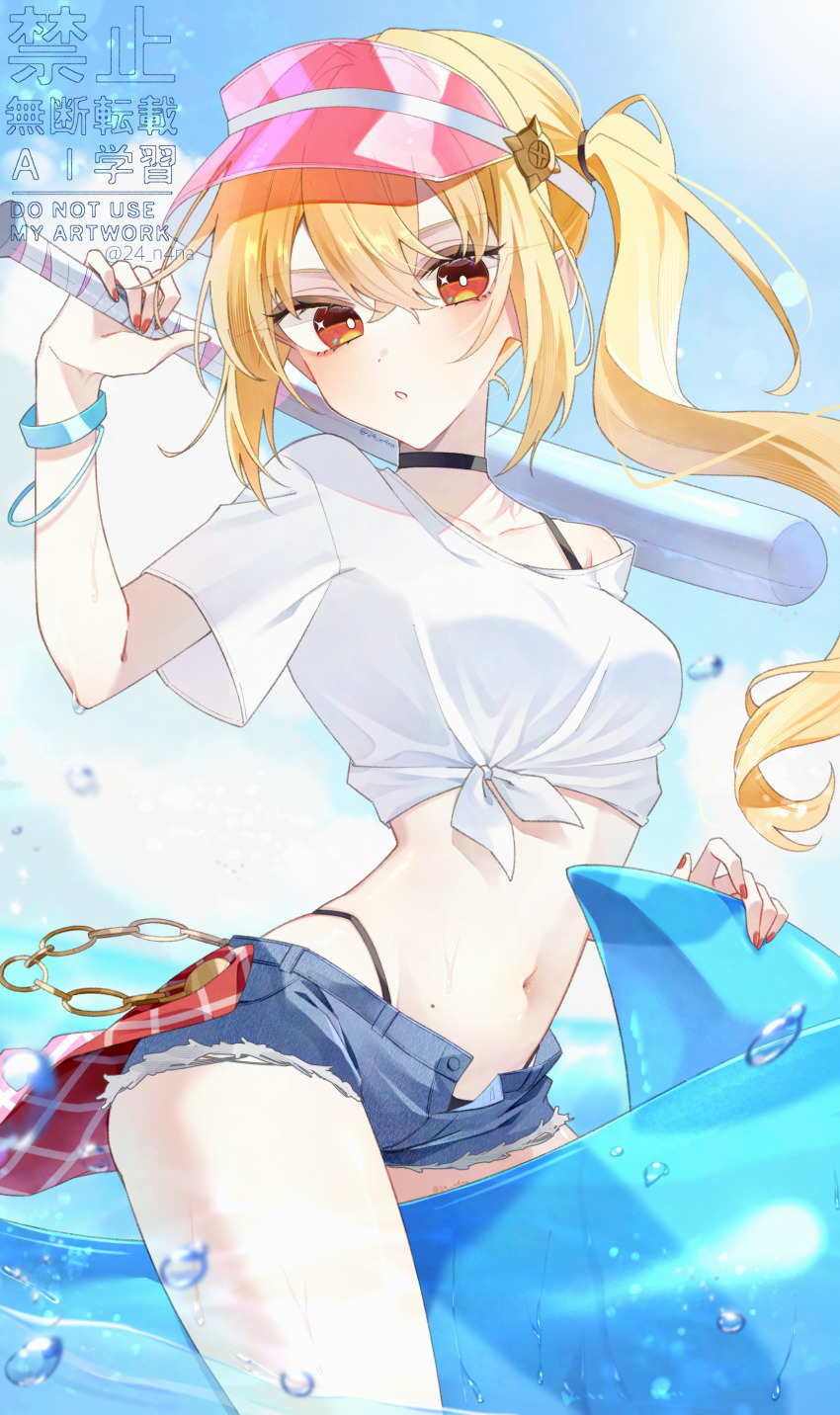 1girl absurdres alternate_costume baseball_bat bikini_under_shorts black_choker blonde_hair breasts choker commentary_request denim denim_shorts highres holding holding_baseball_bat jujube_2513 long_hair luciana_de_montefio medium_breasts midriff navel ocean red_eyes shirt shorts side_ponytail solo tied_shirt unbuttoned visor_cap white_shirt zenless_zone_zero