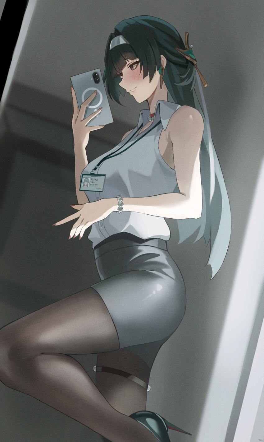 1girl absurdres astra_yao black_hair black_pantyhose black_shoes black_skirt blush breasts cellphone commentary_request fingernails high_heels highres holding holding_phone indoors lanyard long_hair looking_at_phone medium_breasts miniskirt mirror_selfie office_lady pantyhose pencil_skirt phone reflection reflection_focus selfie shirt shirt_tucked_in shoes skirt sleeveless sleeveless_shirt smile solo standing standing_on_one_leg thigh_strap traffic_mirror very_long_hair watch white_shirt wristwatch yato_(yama0x1) zenless_zone_zero