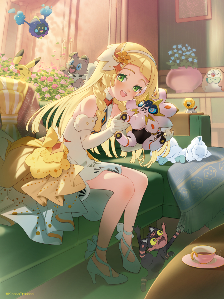 1girl alolan_form alolan_vulpix blonde_hair blush braid cosmog dress elbow_gloves eyelashes gen_1_pokemon gen_7_pokemon gloves green_eyes hairband highres kinocopro legendary_pokemon lillie_(anniversary_2024)_(pokemon) lillie_(pokemon) long_hair looking_at_viewer meltan mythical_pokemon nintendo official_alternate_costume open_mouth pikachu pokemon pokemon_(creature) pokemon_masters_ex rockruff rowlet sleeveless sleeveless_dress smile solgaleo twin_braids white_dress white_gloves white_hairband