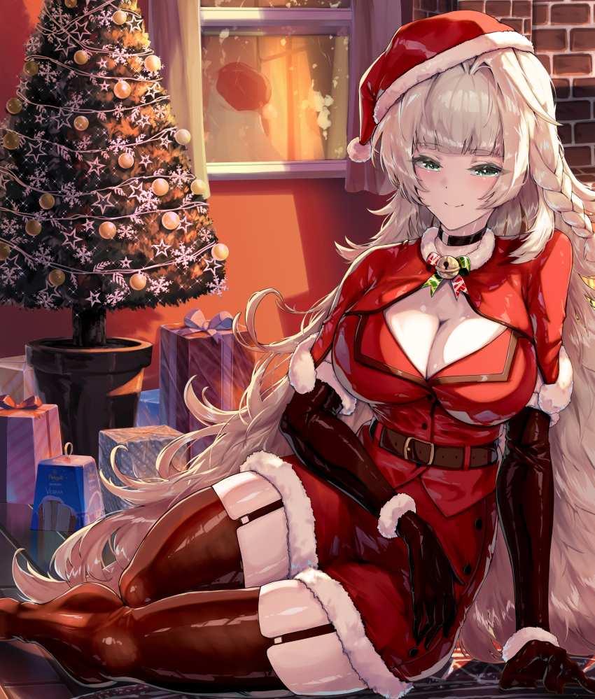 1girl absurdres azur_lane blush box breasts brick_wall brown_garter_straps brown_gloves brown_thighhighs christmas christmas_tree cleavage commentary_request elbow_gloves gift gift_box gloves grey_eyes grey_hair hat highres indoors large_breasts long_hair looking_at_viewer red_hat santa_hat shadow smile solo sunnysideup thighhighs thighs very_long_hair vittorio_veneto_(azur_lane)