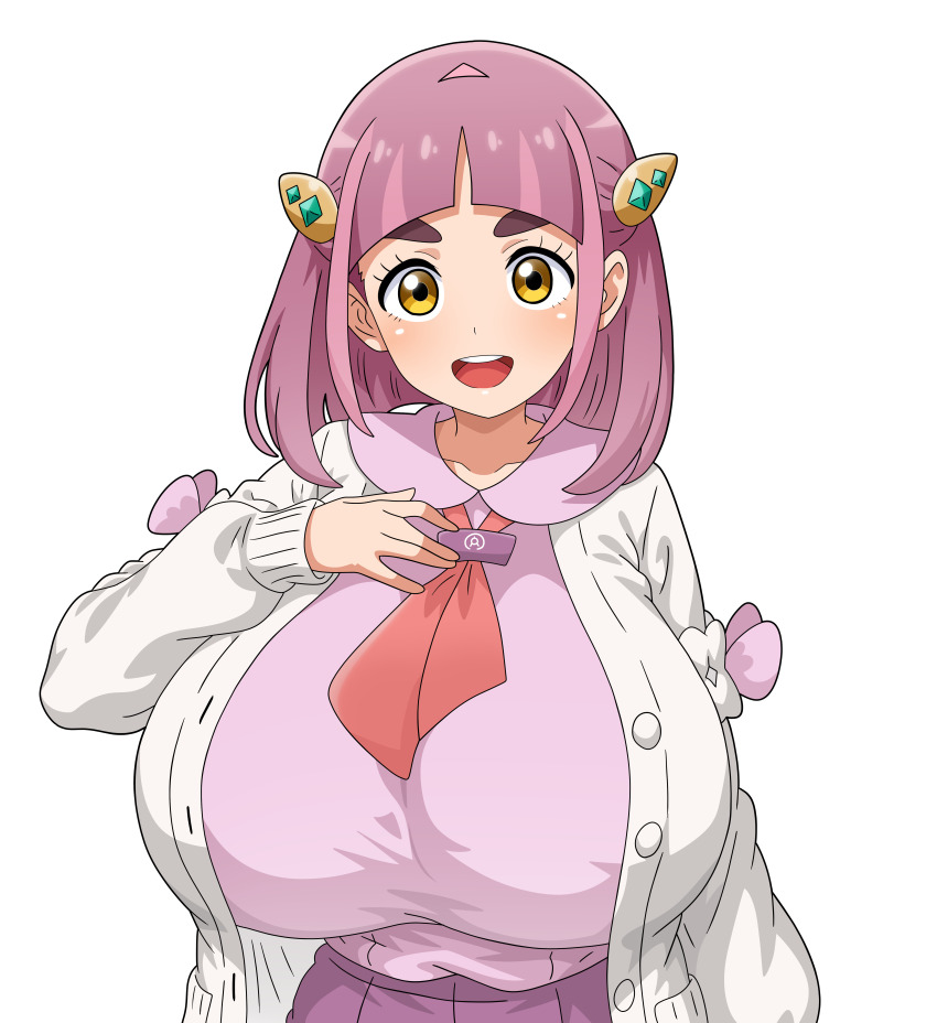 absurdres alternate_breast_size breasts cardigan hand_on_own_chest highres hitokiwa_kenchin huge_breasts lacey_(pokemon) nintendo official_alternate_color pink_cardigan pink_hair pokemon pokemon_masters_ex simple_background white_background