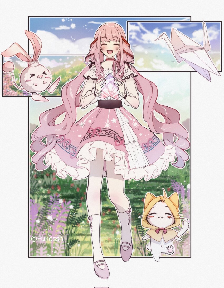 1girl ^_^ ahoge animal bare_shoulders belt black_belt black_bow black_ribbon blue_sky blush blush_stickers blushbunny border bow bow_choker bow_legwear bowtie bra_strap cat choker cloak closed_eyes closed_mouth clothed_animal cloud commentary commission cross-laced_clothes cross-laced_legwear day ear_covers english_commentary field flower frilled_shirt frilled_skirt frilled_sleeves frills fukosshi full_body grey_border hair_bow hair_ribbon happy highres holding holding_star hood hooded_cloak infinity_nikki kneehighs knees lavender_(flower) layered_skirt leg_up light_particles long_hair long_sleeves low_twintails mary_janes medium_skirt momo_(nikki) navel nikki_(nikki) nikki_(series) off-shoulder_shirt off_shoulder open_mouth origami outdoors outline outside_border paper_crane pawpads pink_bow pink_bowtie pink_choker pink_hair pink_ribbon pink_shoes pink_skirt pleated_skirt puffy_long_sleeves puffy_sleeves purple_flower rabbit red_bow red_bowtie ribbon see-through_clothes see-through_sleeves shirt shoes sidelocks single_stripe skeb_commission skirt sky smile snowflake_print socks star_(symbol) straight-on striped_bow striped_bowtie striped_choker striped_clothes traditional_bowtie tress_ribbon twintails twitter_username very_long_hair walking wavy_hair whimstar_(infinity_nikki) whiskers white_cat white_outline white_shirt white_skirt white_socks yarn yellow_cloak