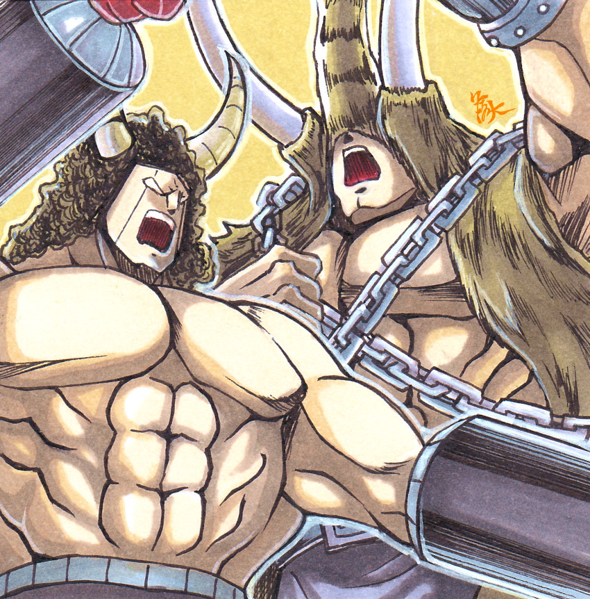 2boys abs artist_request biceps blank_eyes buffaloman highres horns kinnikuman large_pectorals mammothman manly monster_boy multiple_boys muscular open_mouth pectorals traditional_media tusks