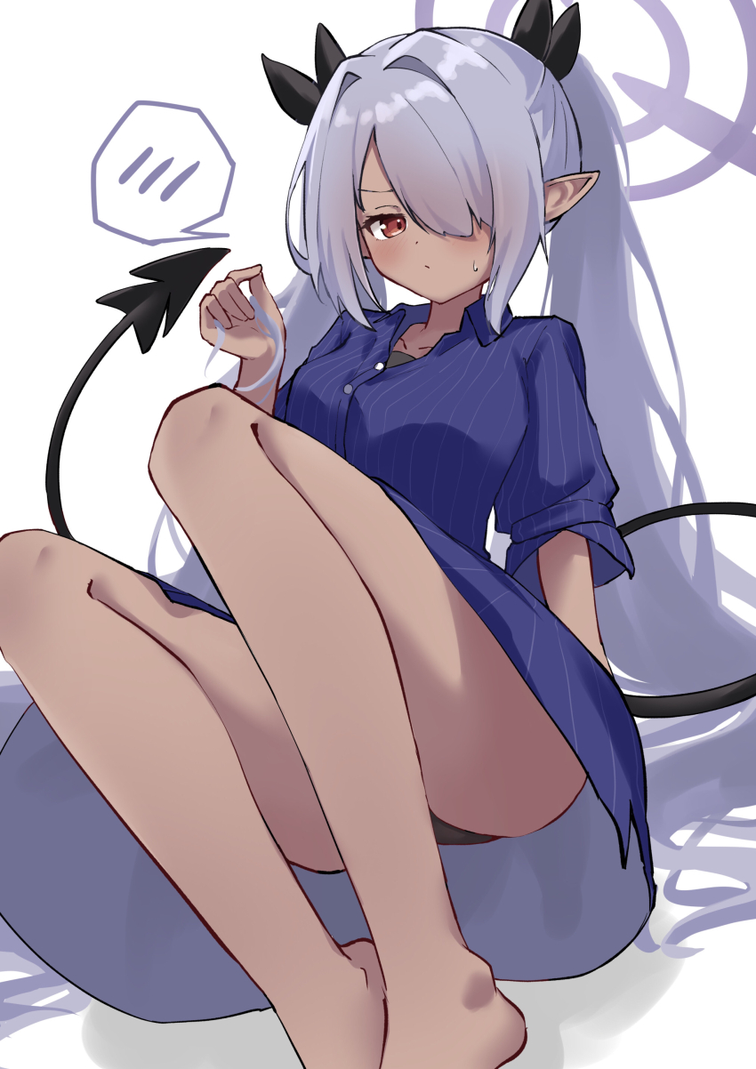 1girl :/ absurdres alternate_costume bare_legs barefoot black_panties black_ribbon blue_archive blue_shirt blush closed_mouth collared_shirt commentary convenient_leg dark-skinned_female dark_skin demon_girl demon_tail feet_out_of_frame frown grey_hair hair_intakes hair_over_one_eye hair_ribbon halo hand_up highres iori_(blue_archive) knees_apart_feet_together knees_up lawson long_bangs long_hair looking_at_viewer no_pants one_eye_covered osmium-76 panties playing_with_own_hair pointy_ears purple_halo red_eyes ribbon shirt short_sleeves shy simple_background sitting solo striped_clothes striped_shirt tail tail_raised thighs twintails underwear v-shaped_eyebrows vertical-striped_clothes vertical-striped_shirt very_long_hair white_background