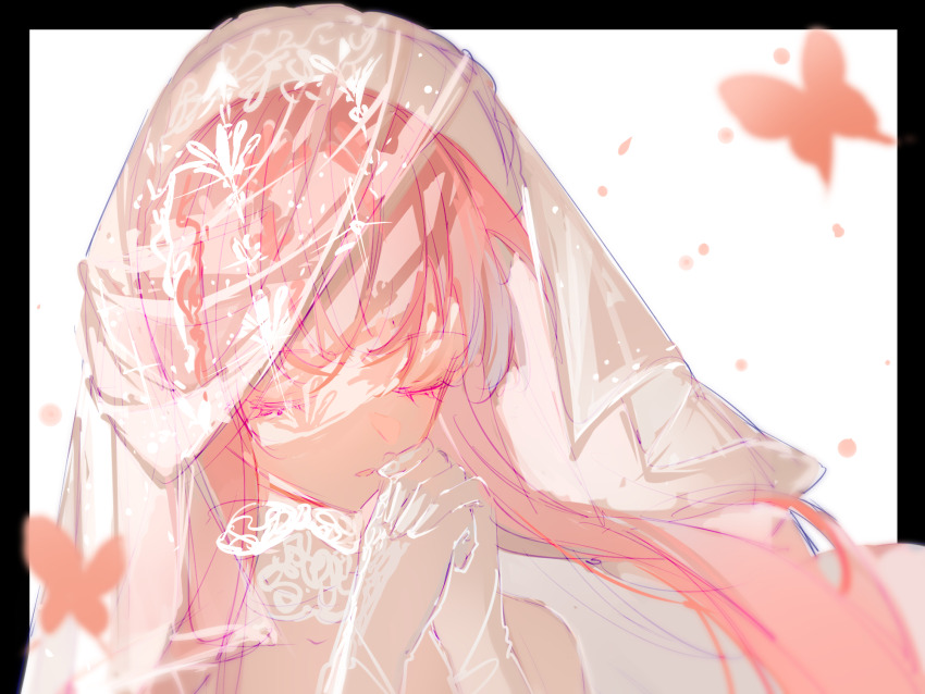 1girl bare_shoulders black_border border bug butterfly chinese_commentary closed_eyes collar commentary_request detached_collar floating_hair gloves highres insect interlocked_fingers lace_collar long_hair nikki_(nikki) nikki_(series) outside_border own_hands_together petals pink_butterfly pink_hair praying see-through_clothes see-through_veil shining_nikki simple_background solo upper_body veil very_long_hair white_background white_collar white_gloves white_veil yameibuyichuanglianliujuanhua