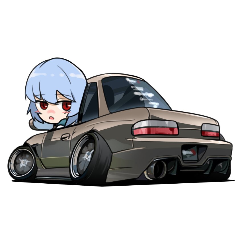 1girl absurdres ayanami_rei blue_hair blush car chibi commentary english_commentary highres holeecrab looking_at_viewer looking_back motion_blur motor_vehicle neon_genesis_evangelion nissan nissan_silvia nissan_silvia_s13 open_mouth red_eyes shadow short_hair simple_background solo sports_car stance_(vehicle) sticker vehicle_focus white_background