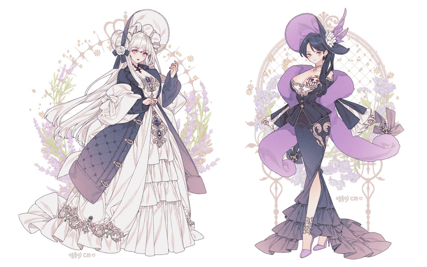 2girls ankle_wrap bare_shoulders black_coat black_collar black_hair black_hat black_headdress blue_brooch blue_flower blue_gemini_wing blunt_bangs breasts chest_tattoo cleavage coat collage collar dress earrings embroidery eyeliner fashion floral_background flower frilled_dress frills full_body gold_choker hat high_heels huge_breasts jewelry lemon89h lilac long_dress long_hair looking_at_viewer makeup mole mole_under_eye multiple_girls off-shoulder_dress off_shoulder original parted_bangs pink_eyeliner pink_nails purple_eyes purple_flower purple_shawl purple_shorts red_lips shawl shorts side_ponytail sidelocks sleeves_past_wrists standing sun_hat tattoo white_dress white_hair white_shawl wide_sleeves yellow_eyes
