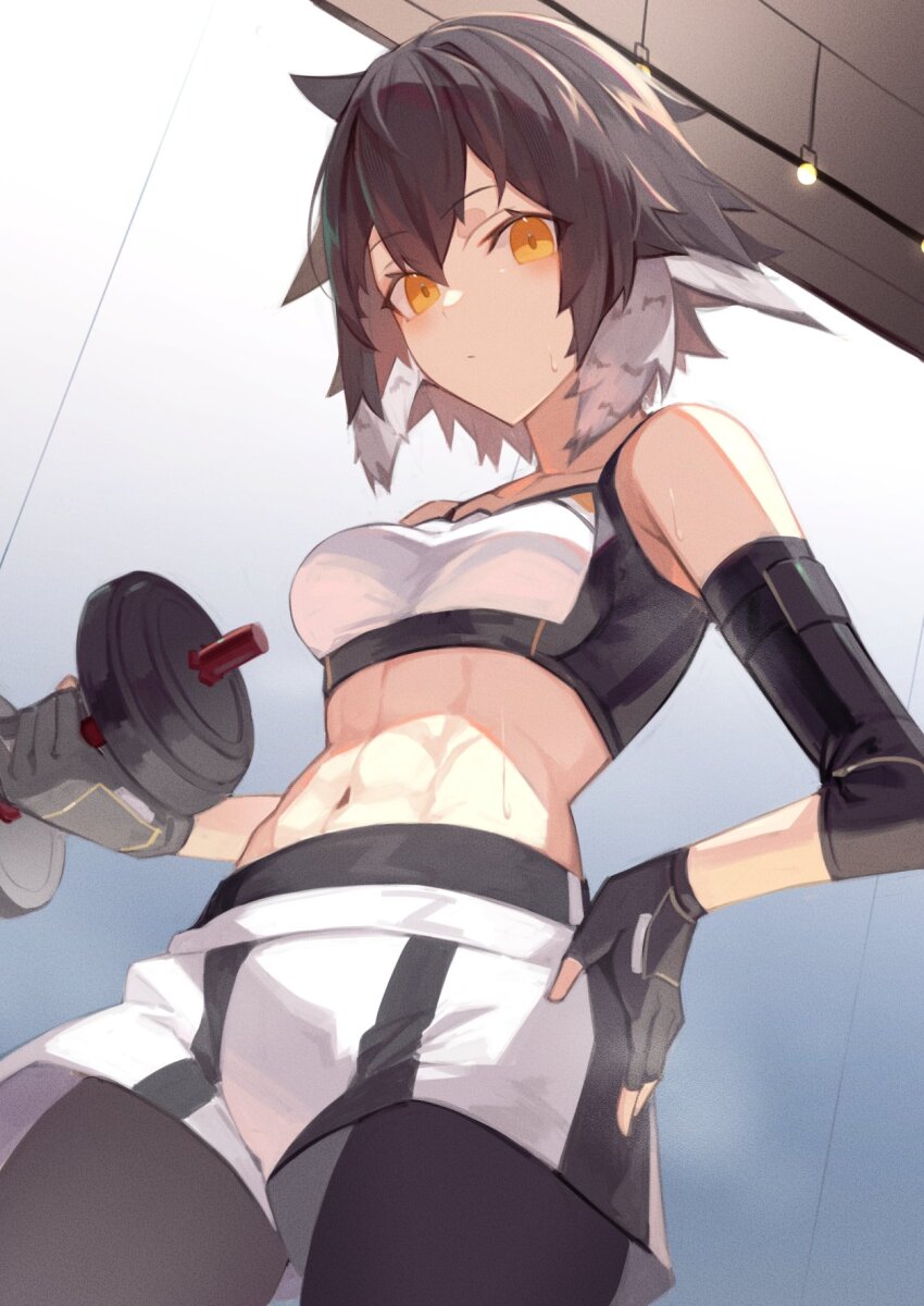 1girl arknights bare_shoulders bird_girl black_gloves black_leggings blush breasts brown_hair commentary_request compression_sleeve dumbbell feather_hair fingerless_gloves gloves hair_between_eyes highres leggings leggings_under_shorts looking_at_viewer midriff multicolored_hair navel official_alternate_costume plume_(arknights) plume_(easy_time)_(arknights) sasa_onigiri short_hair solo sports_bra sweat white_hair white_sports_bra yellow_eyes