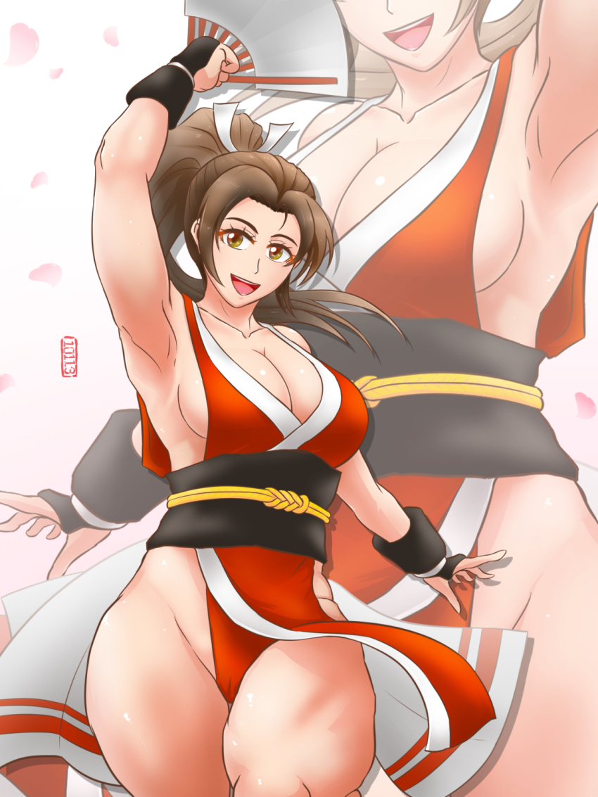 1girl breasts brown_eyes brown_hair cleavage curvy female_focus gloves highres japanese_clothes large_breasts long_hair pale_skin panties roy101131 roy10113a shiranui_mai the_king_of_fighters thick_thighs thighs underwear wide_hips