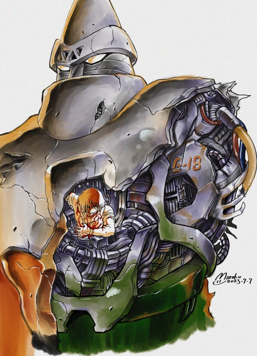 1990s_(style) 1boy battle_damage blood blood_on_clothes blood_on_hands bodysuit book_cover_redraw cable cockpit covering_injury crack damaged derivative_work exposed_internal_machinery getter-2 getter_robo getter_robo_(classic) grin highres ishikawa_ken_(style) jin_hayato male_focus mecha mecha_focus miroku_(miroku_t) open_cockpit parody retro_artstyle robot smile style_parody super_robot