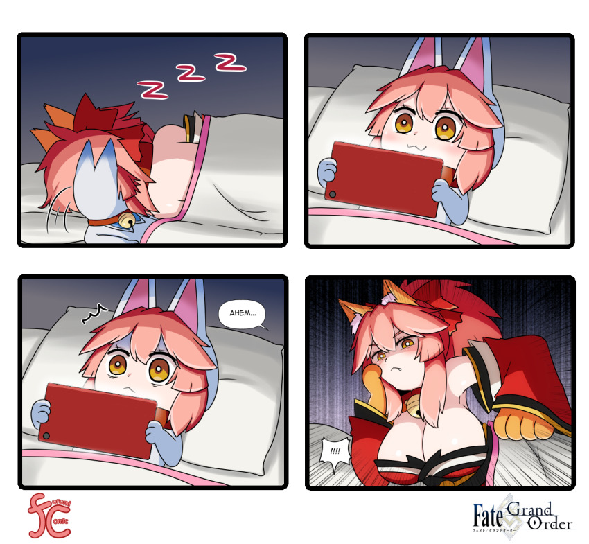 2girls 4koma :&lt; :3 animal_ear_fluff animal_ears animal_hands bare_shoulders bed bell blush breasts cat_paws cellphone cleavage collar comic commentary cosplay detached_sleeves english_commentary english_text fang fate/grand_order fate_(series) fou_(fate) fou_(fate)_(cosplay) fox_ears fox_girl gloves hair_ribbon highres japanese_clothes jingle_bell keita_naruzawa kimono large_breasts lying mini_person minigirl multiple_girls neck_bell paw_gloves phone pink_hair ponytail red_kimono red_ribbon ribbon sleeping smartphone speech_bubble square_4koma tamamo_(fate) tamamo_cat_(fate) tamamo_cat_(first_ascension)_(fate) yellow_eyes zzz