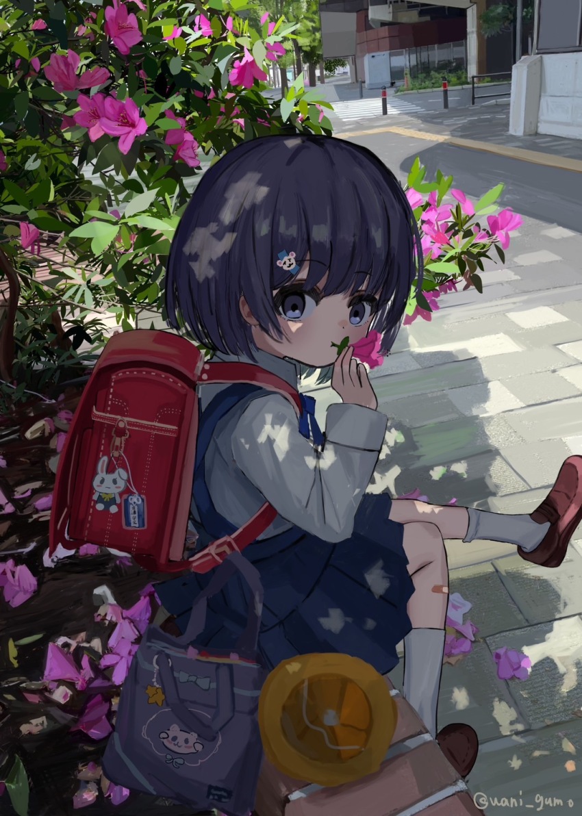1girl azalea_(flower) backpack bag bandaid bandaid_on_leg black_hair bob_cut child commentary_request flower flower_on_mouth flower_request grey_eyes hair_ornament hairpin hat highres looking_at_viewer mary_janes on_bench original overalls pavement pink_flower pleated_skirt randoseru road school_hat shoes short_hair shoulder_bag signature sitting skirt solo street tree wanigumo