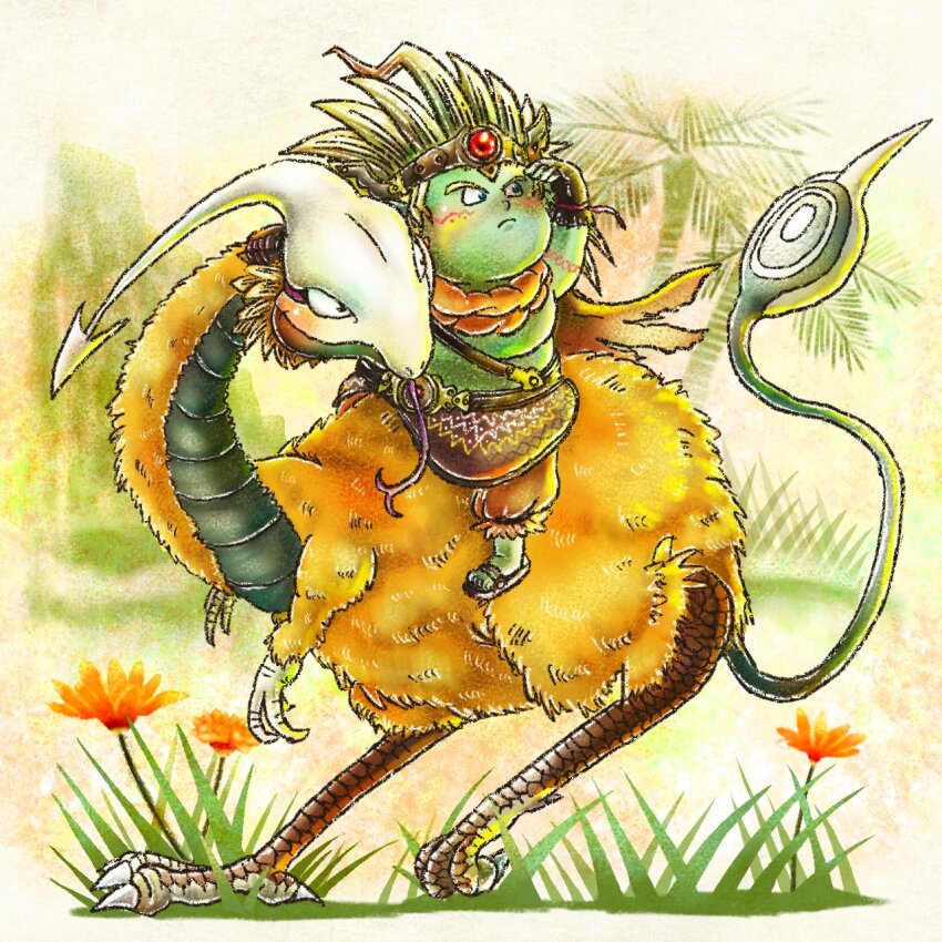 1boy 1other arm_tattoo belt_buckle blonde_hair blue_eyes brown_gloves buckle cape chanmaru_8_time circlet closed_mouth colored_skin commentary_request creature_request cub_(dq10) dragon_quest dragon_quest_x fingerless_gloves floating_cape floating_hair flower frown gem gloves green_skin highres looking_to_the_side marking_on_cheek orange_cape orange_flower orange_fur orange_pants pants plump red_gemstone riding sandals shielding short_hair spiked_hair tattoo topless_male torn_cape torn_clothes