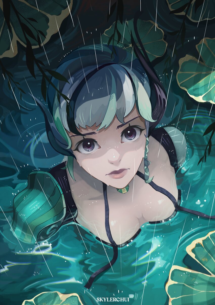 1girl absurdres afk_(series) afk_journey armor artist_name black_eyes black_gloves black_hair blurry braid breasts breasts_apart caustics closed_mouth collar_jewel from_above gem gloves green_gemstone highres lily_may_(afk) lily_pad long_eyelashes looking_at_viewer multicolored_hair partially_submerged portrait purple_hair rain ripples shoulder_armor side_braid skyler small_breasts solo white_hair