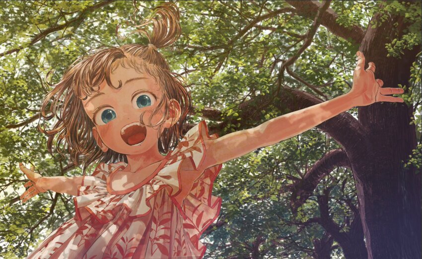 1girl blue_eyes branch brown_hair child dappled_sunlight eikoh frills highres leaf looking_at_viewer nature one_side_up open_mouth original outdoors outstretched_arms shadow short_hair signature solo spread_arms sunlight teeth traditional_media tree