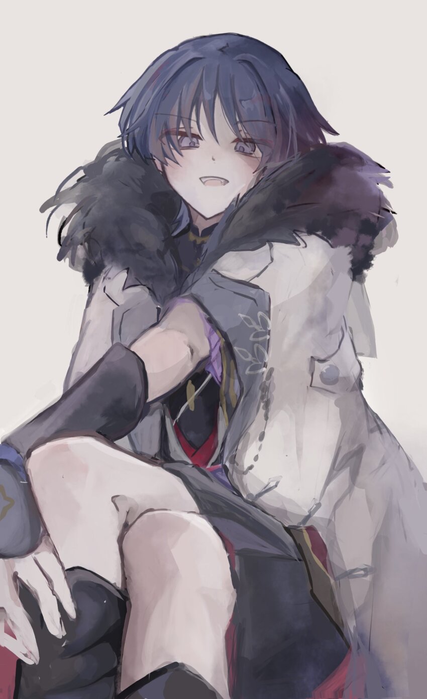 1boy armor black_bodysuit black_kimono black_shorts blunt_ends bodysuit coat coat_on_shoulders crossed_legs eyeliner eyeshadow fatui_coat frilled_sleeves frills fur-trimmed_coat fur_collar fur_trim genshin_impact gold hand_on_own_leg highres japanese_armor japanese_clothes jewelry juban kimono kote kurokote looking_at_viewer makeup male_focus mandarin_collar neck_ring open_mouth purple_eyes purple_sleeves red_eyeliner red_eyeshadow red_kimono scaramouche_(genshin_impact) short_sleeves shorts sitting sketch solo teeth tsurime upper_teeth_only white_background white_coat white_kimono wispy_bangs zattasyanko