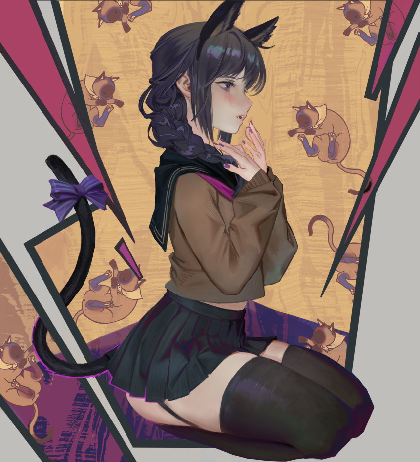 1girl absurdres animal_ears black_hair black_skirt black_thighhighs bow braid braided_ponytail brown_sweater cat_ears cat_tail extra_ears fingernails from_side garter_straps highres legs nail_polish open_mouth original purple_bow purple_eyes purple_nails sailor seiza sitting skirt solo sweater tail tail_bow tail_ornament thick_thighs thighhighs thighs wowmoto2 zettai_ryouiki