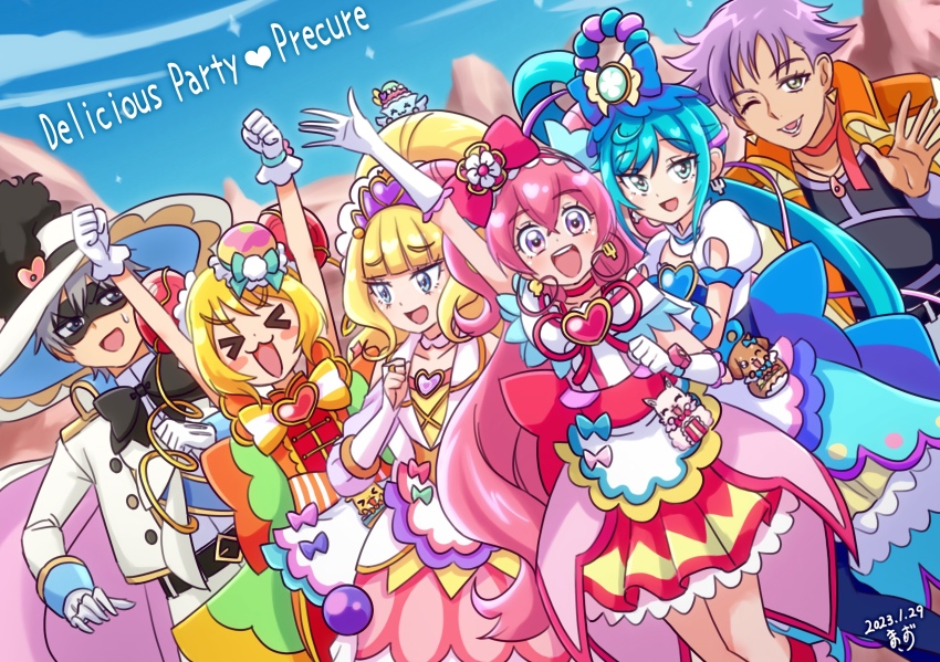 &gt;_&lt; 1boy 4girls :3 :d apron aqua_eyes arm_up arms_up artist_name back_bow big_hair black_bow black_pantyhose black_pepper_(precure) blonde_hair blue_bow blue_dress blue_eyes blue_hair blue_sky blunt_bangs blush_stickers bow bowtie bridal_gauntlets brooch bun_cover chinese_clothes choker clenched_hands closed_eyes clothing_cutout commentary cone_hair_bun copyright_name cure_finale cure_precious cure_spicy cure_yum-yum day delicious_party_precure domino_mask dress dutch_angle earrings fuwa_kokone gloves grey_hair hair_bun hair_rings hanamichi_ran hat hat_feather heart heart_brooch highres huge_bow jacket jacket_on_shoulders jewelry kasai_amane kome-kome long_hair looking_at_another magical_boy magical_girl mask medium_dress mem-mem_(precure) multiple_girls nagomi_yui one_eye_closed open_mouth orange_bow outdoors pam-pam pantyhose pink_dress pink_eyes pink_hair pink_sky precure purple_hair recipipi red_bow red_bowtie red_choker rope rosemary_(precure) shimenawa shinada_takumi short_hair shoulder_cutout side_ponytail signature single_hair_ring sky smile sun_hat sweatdrop tan tiara triple_bun two_side_up very_long_hair waist_apron watch waving white_bow white_gloves white_headwear white_jacket wristwatch zerolay
