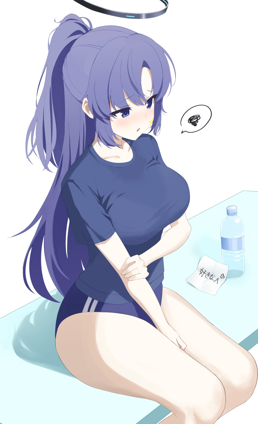1girl absurdres adjusting_buruma adjusting_clothes bare_legs black_shirt blue_archive blush bottle breasts buruma halo highres large_breasts long_sleeves looking_to_the_side paper ponytail purple_hair shirt simple_background sitting solo t-shirt water_bottle white_background yuuka_(blue_archive) yuuka_(track)_(blue_archive) yuzb