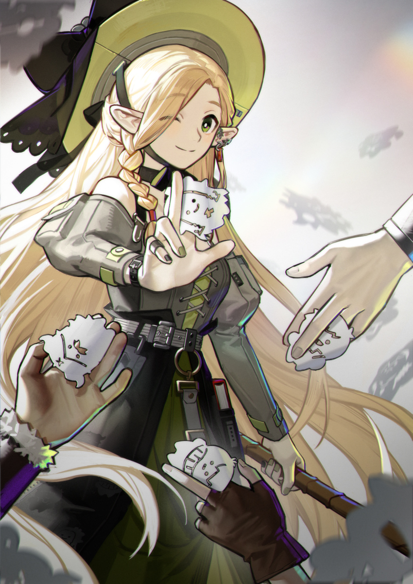 1girl 3boys absurdres arknights bare_shoulders belt blonde_hair book bracer braid chilchuck_tims cross-laced_clothes cross-laced_dress dress dungeon_meshi earrings fingerless_gloves fivefallall fur_trim gloves green_dress green_eyes grey_dress hand_focus hat highres holding holding_paper holding_staff jewelry laios_touden long_hair marcille_donato marcille_donato_(terra_&amp;_traveller) marcille_donato_(terra_&amp;_traveller)_(arknights) multiple_boys object_in_pocket one_eye_closed out_of_frame paper paper_cutout pocket pointy_ears senshi_(dungeon_meshi) single_braid smile staff wide_brim