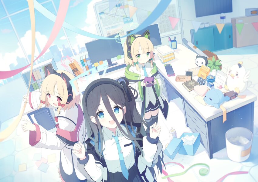 3girls :d animal_ear_headphones animal_ears aris_(blue_archive) birthday black_hair black_hairband black_shorts black_thighhighs blonde_hair blue_archive blue_eyes blue_halo blue_necktie blunt_bangs blush bow box bright_pupils cat_ear_headphones clenched_hands closed_mouth collared_shirt commentary confetti cowboy_shot day desk double-parted_bangs fake_animal_ears frown furrowed_brow gift green_bow green_halo hair_between_eyes hair_bow hairband halo hands_up happy happy_birthday harrybeace headphones heart-shaped_box highres holding holding_gift indoors jacket long_hair long_hair_between_eyes long_sleeves looking_at_viewer medium_hair midori_(blue_archive) momoi_(blue_archive) multiple_girls necktie office one_side_up open_clothes open_jacket open_mouth peroro_(blue_archive) pink_halo plant potted_plant pov puffy_long_sleeves puffy_sleeves rectangular_halo red_bow red_eyes ringed_eyes school_uniform shirt shorts siblings sisters smile standing straight_hair stuffed_animal stuffed_toy tareme teeth thighhighs tile_floor tiles twins upper_teeth_only very_long_hair w_arms white_jacket white_pupils white_shirt wide_sleeves window zettai_ryouiki