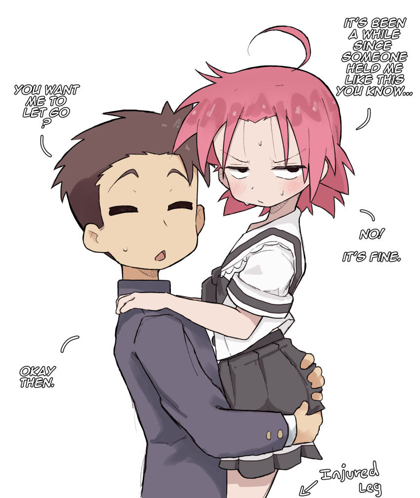 1boy 1girl ahoge annoyed black_skirt blush carrying carrying_person closed_eyes english_text from_side grabbing_another&#039;s_ass groping hands_on_another&#039;s_ass hands_on_another&#039;s_shoulders highres kogami_akira looking_at_viewer lucky_star pink_hair pleated_skirt school_uniform shiraishi_minoru shirt short_hair short_sleeves simple_background skirt sweat text_focus white_background white_shirt zlix0n
