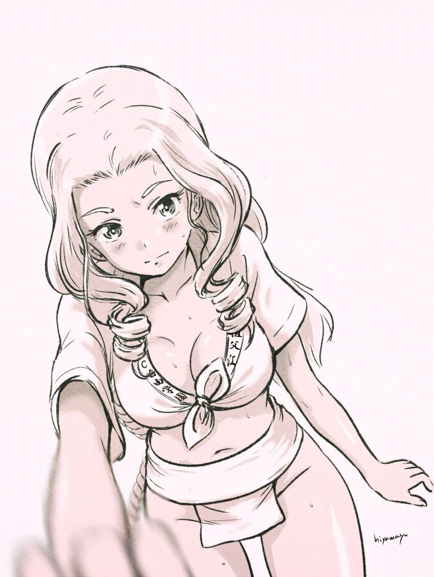 1girl blush breasts cleavage closed_mouth collarbone drill_hair fundoshi girls_und_panzer greyscale highres hiyama_yuu_(wee259hiyama) japanese_clothes large_breasts long_hair looking_at_viewer monochrome navel signature sofue_(girls_und_panzer) solo sweat
