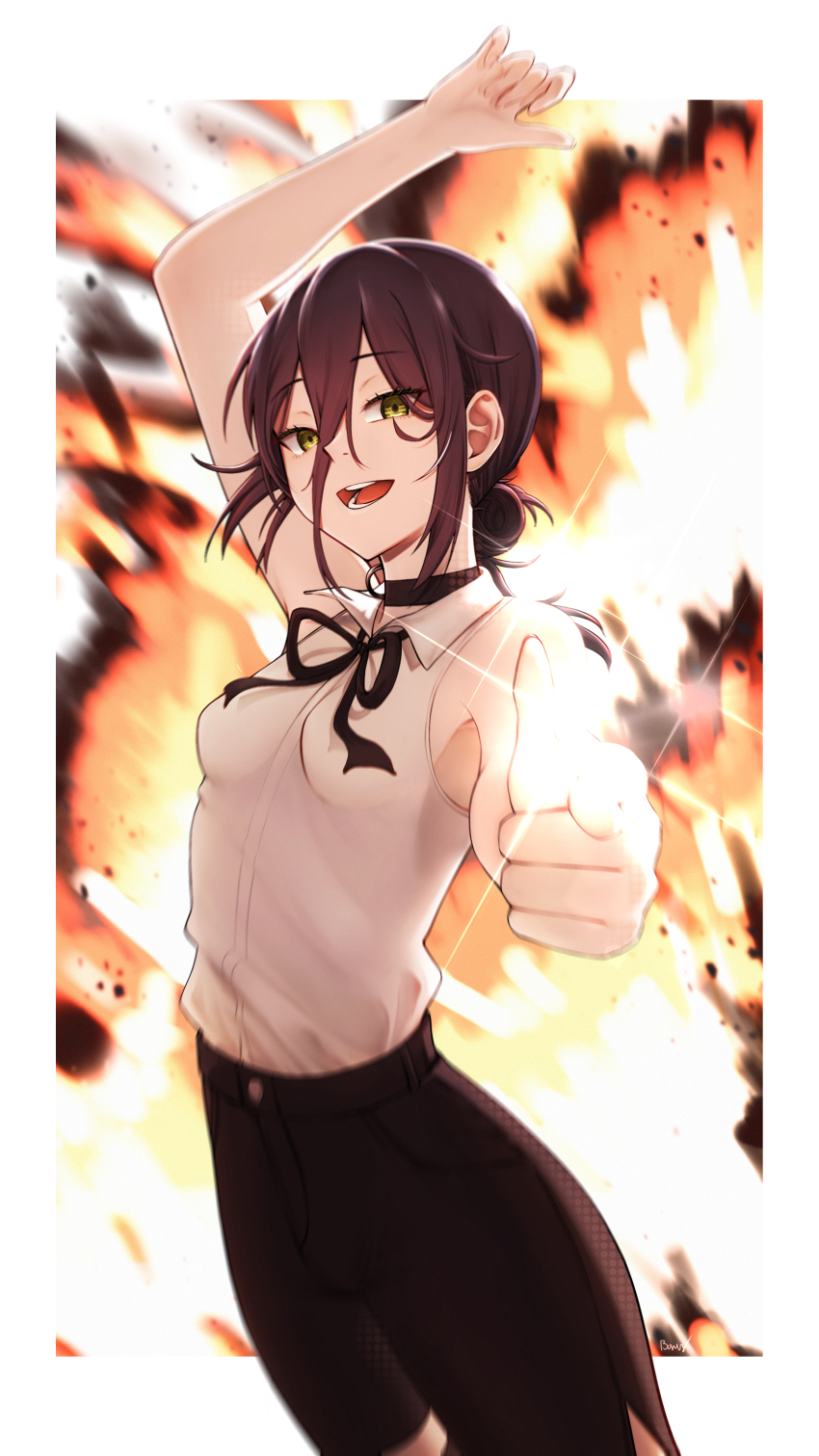 1girl absurdres arm_up black_choker black_hair black_ribbon black_shorts bonus_(eknv8842) breasts chainsaw_man choker green_eyes grenade_pin hair_bun highres neck_ribbon open_mouth pointing pointing_at_viewer reze_(chainsaw_man) ribbon shirt shorts sleeveless sleeveless_shirt small_breasts solo white_shirt