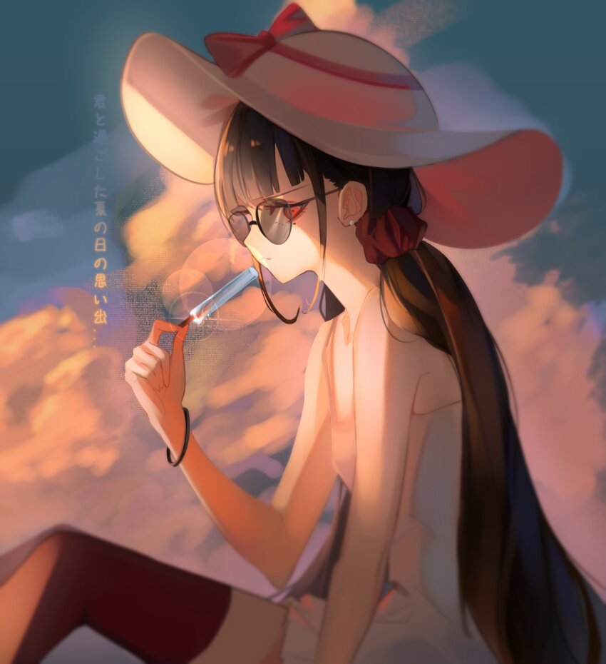 1girl alternate_costume blunt_bangs brown_hair cloud danganronpa_(series) danganronpa_v3:_killing_harmony gakkiyui1 hair_ornament hair_scrunchie harukawa_maki highres long_hair looking_at_viewer low_twintails mole mole_under_eye red_eyes red_scrunchie red_thighhighs scrunchie shirt sideways_glance solo sunglasses thighhighs translation_request twintails