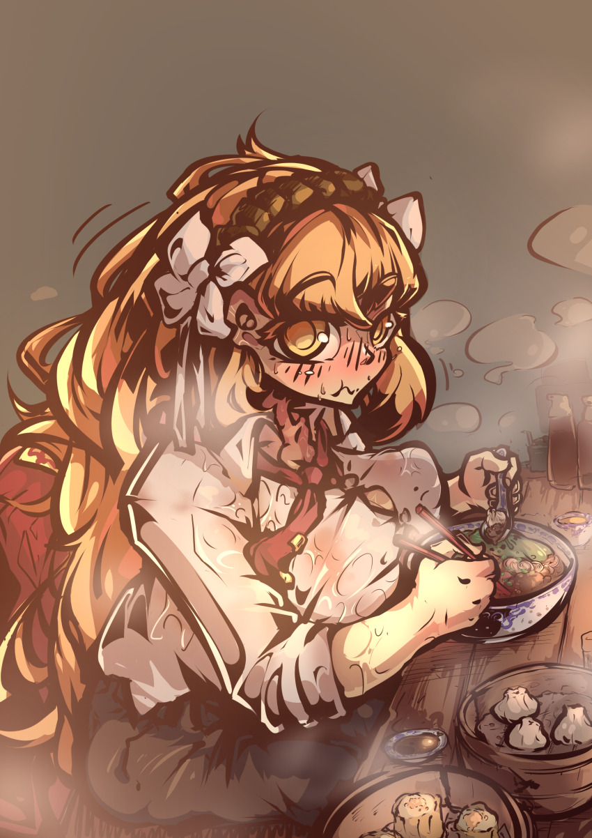 1girl absurdres eating highres ishmael_(project_moon) limbus_company lobotomy_corporation long_hair looking_at_viewer necktie orange_hair project_moon red_necktie steam steaming_body sweat very_long_hair yaubing_owo
