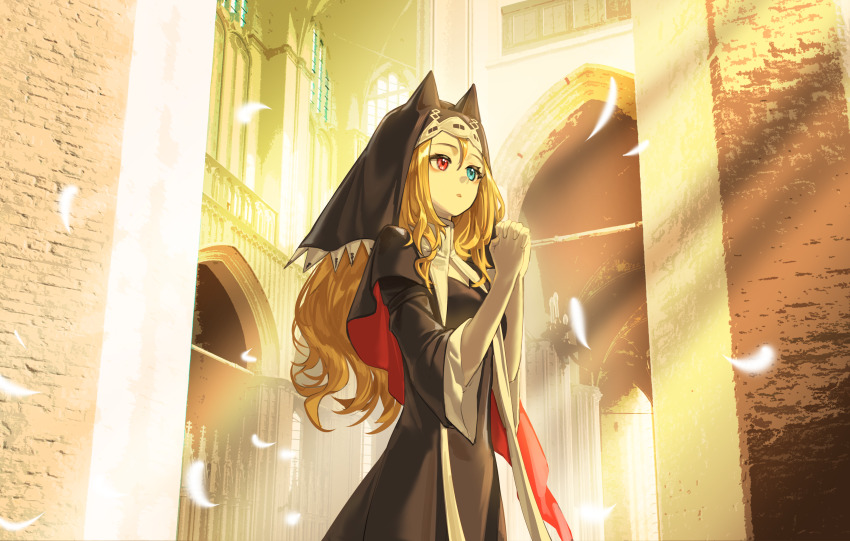 1girl absurdres animal_ears archetto_(arknights) archetto_(glory_of_the_devout)_(arknights) arknights black_veil blonde_hair blue_eyes cat_ears church highres long_hair nun parted_lips praying red_eyes shale solo upper_body veil
