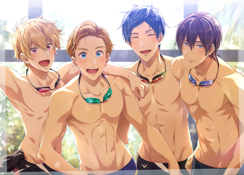 4boys :d ^_^ abs arm_around_shoulder armpits black_jammers black_male_swimwear black_swim_briefs blue_eyes blue_hair blue_jammers blue_male_swimwear blurry blurry_background brown_hair closed_eyes closed_mouth collarbone competition_swimsuit day depth_of_field forehead framed free! goggles goggles_around_neck groin hand_on_another&#039;s_back hand_on_another&#039;s_shoulder hayafune_romio hazuki_nagisa isurugi_shizuru jammers light_brown_hair looking_at_viewer male_focus male_swimwear multiple_boys navel no_eyewear no_nipples one-piece_swimsuit open_mouth palm_tree pectorals pink_eyes poolside round_teeth ryuugazaki_rei smile stomach swim_briefs swimsuit teeth toned toned_male topless_male tree upper_body upper_teeth_only wet wet_hair window zattape