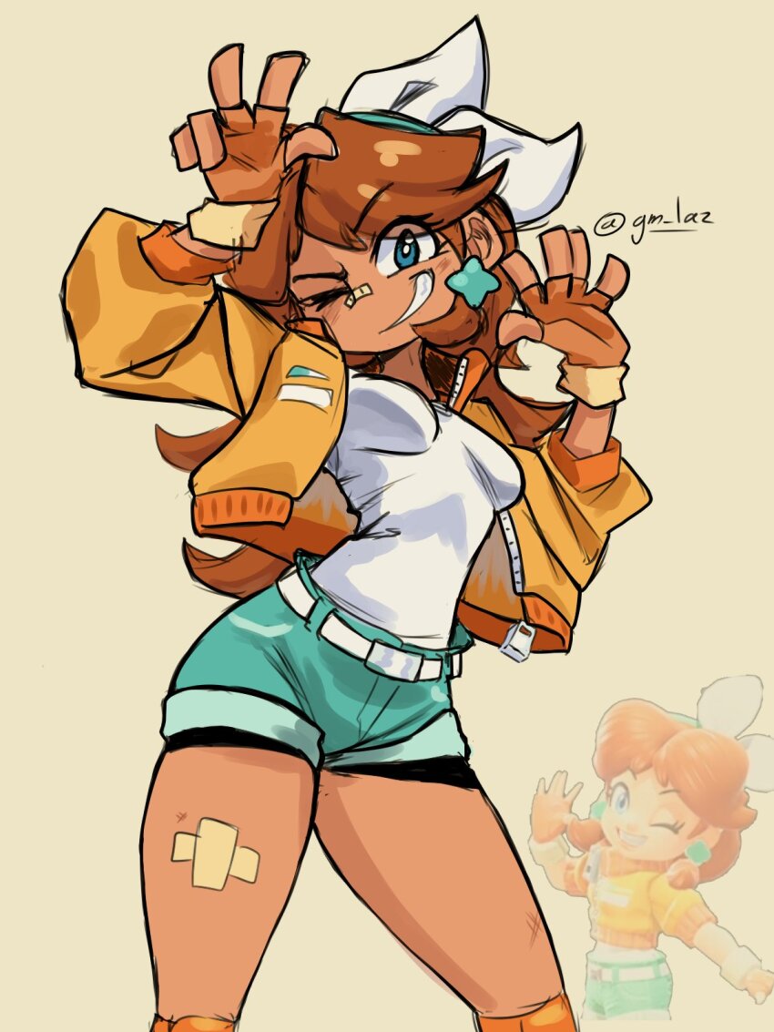 bandaid bandaid_on_face bandaid_on_nose bike_shorts bike_shorts_under_shorts blue_eyes brown_hair crossed_bandaids earrings fingerless_gloves gloves headband highres jacket jewelry laz_gm mario_(series) mario_kart mario_kart_world nintendo one_eye_closed open_clothes open_jacket orange_gloves princess_daisy shirt short_shorts shorts v white_shirt yellow_jacket