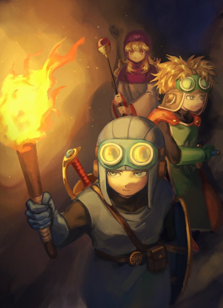 1girl 2boys absurdres belt black_bodysuit blonde_hair blue_eyes blue_gloves blue_tunic bodysuit cape cave_interior closed_mouth commentary cousins dragon_quest dragon_quest_ii dress feet_out_of_frame fire gloves goggles goggles_on_headwear green_gloves green_tabard hat highres holding holding_shield holding_staff holding_torch hood long_hair multiple_boys nogo_(nogo_059) prince prince_of_lorasia prince_of_samantoria princess princess_of_moonbrook purple_hood robe shield staff sword sword_on_back tabard torch tunic turtleneck turtleneck_bodysuit walking weapon weapon_on_back white_robe