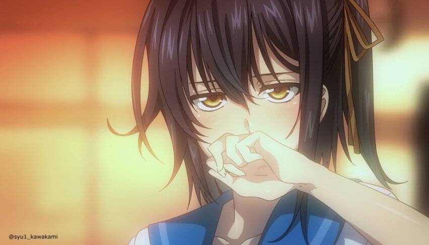 1girl artist_collaboration backlighting blue_hair blue_sailor_collar close-up collarbone commentary_request covering_own_mouth hair_ribbon half-closed_eyes hand_up kawakami_shuuichi official_alternate_costume raikirimaru ribbon saikai_academy_school_uniform sailor_collar school_uniform shirt side_ponytail solo strike_the_blood tenka_hyakken twitter_username white_shirt yellow_eyes
