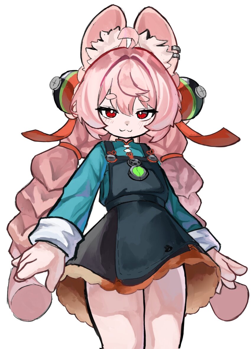 1girl :3 accessories animal_ear_fluff blush bright_pupils ear_piercing furry furry_female green_shirt hair_between_eyes highres long_hair looking_at_viewer medallion o-ring_necktie otoufudayo111 piercing pink_fur rabbit_girl red_eyes screw shirt short_eyebrows simple_background solo thick_eyebrows twintails white_background white_pupils zenless_zone_zero zhao_(zenless_zone_zero)