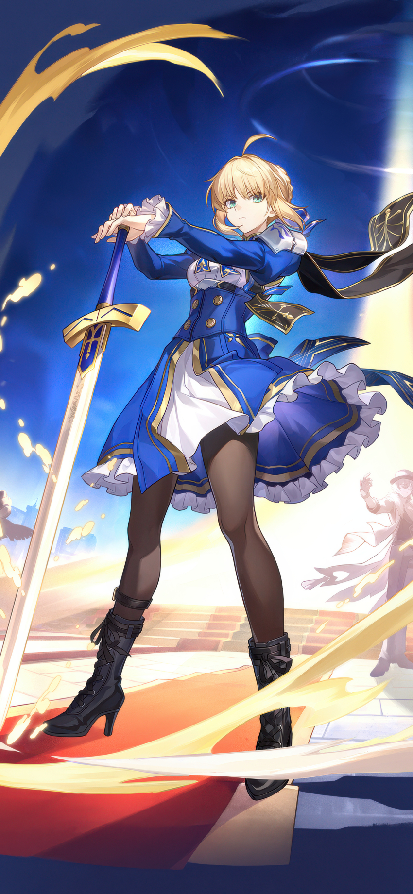 1girl absurdres ahoge artoria_pendragon_(fate) black_pantyhose blonde_hair blue_dress blue_sky boots commentary_request dress excalibur_(fate/stay_night) fate_(series) green_eyes hair_ribbon high_heel_boots high_heels highres honkai:_star_rail honkai_(series) looking_at_viewer official_art pantyhose ribbon saber_(fate) saber_(honkai:_star_rail)_(fate) short_dress short_hair_with_long_locks sky standing sword weapon wind