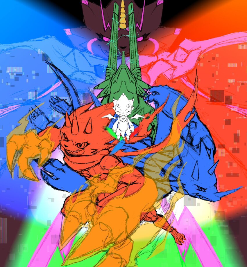 betelgammamon digimon dinosaur_boy gammamon gulusgammamon highres horns kausgammamon sharp_teeth teeth triceratops wezengammamon wings
