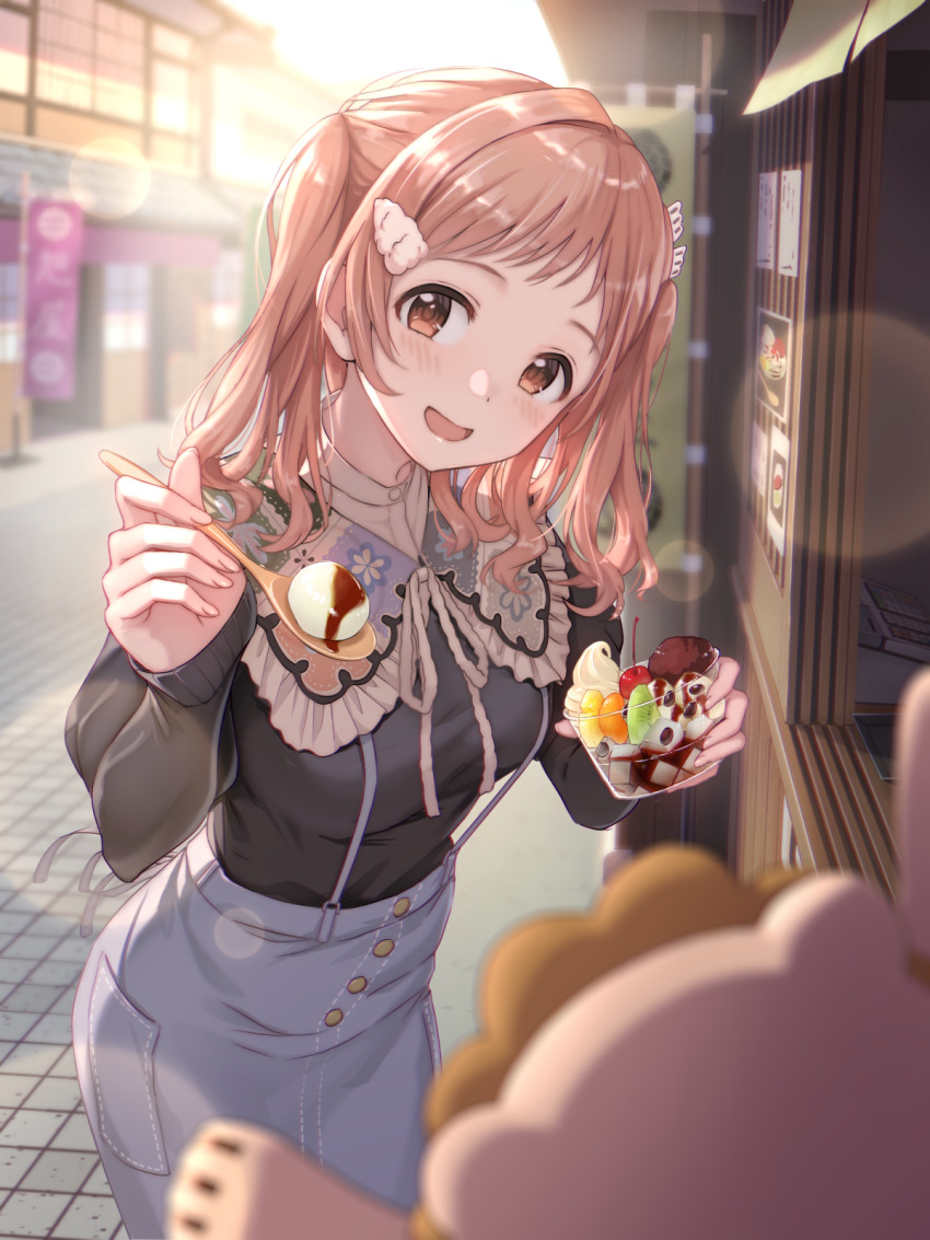 1girl black_shirt blue_skirt blush bow breasts brown_eyes brown_hair food hair_ornament hairclip highres holding holding_food holding_spoon ice_cream idolmaster idolmaster_shiny_colors large_breasts light_brown_hair long_hair long_sleeves macha0331 open_mouth outdoors sakuragi_mano shirt skirt spoon