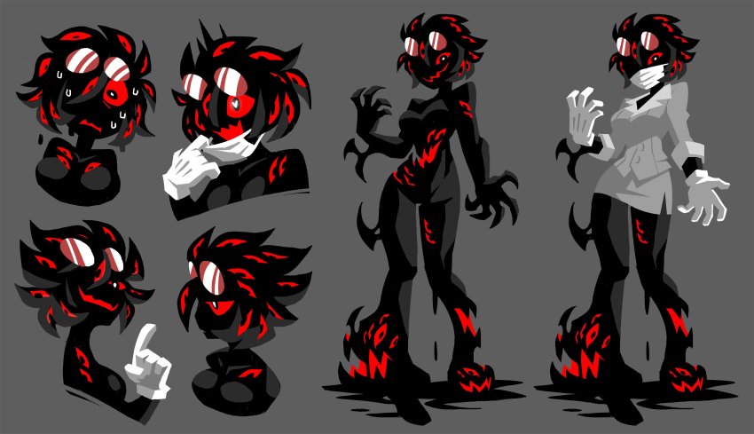 1girl absurdres black_hair borrowed_character breasts reference_sheet colored_sclera doctor eldritch_abomination extra_eyes extra_mouth eyewear_on_head gloves hair_over_one_eye heart heart-shaped_pupils highres horror_(theme) limited_palette mask medium_breasts monster_girl mouth_mask original pencil_skirt red_eyes red_sclera skirt sunglasses surgical_mask sweatdrop symbol-shaped_pupils vanripper white_gloves
