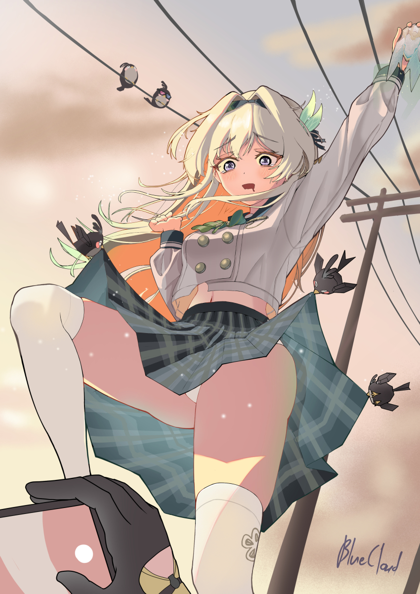 2girls absurdres artist_name black_gloves black_hairband bluecloud137 cable camera clothes_lift commentary firefly_(honkai:_star_rail) firefly_(spring_missive)_(honkai:_star_rail) gloves gradient_sky green_skirt grey_hair hairband highres holding holding_camera honkai:_star_rail honkai_(series) long_hair midriff_peek multiple_girls navel official_alternate_costume origami_bird_(honkai:_star_rail) outdoors panties recording school_uniform shirt skirt skirt_lift sky stelle_(honkai:_star_rail) thighhighs thighs trailblazer_(honkai:_star_rail) underwear white_panties white_shirt white_thighhighs